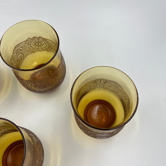 Vintage Amber Libbey Americana Lace Embossed Glass Etched Tumblers 7 Pieces MCM - Picture 4 of 10